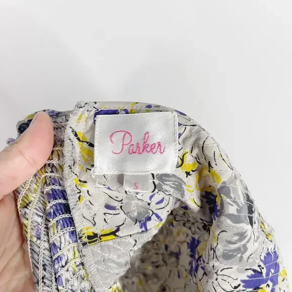 Parker Small S Gray Purple Yellow Silk Floral Dress Sweetheart Neckline Zip Back - Picture 10 of 12